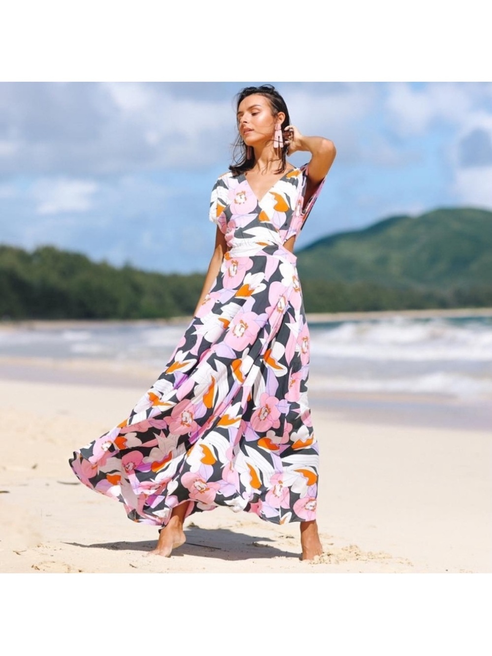 Ava Sky Dress Bardot Misty Retro Orchid Oasis M Maxi gown tropical floral wrap - Picture 3 of 7